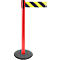 Red stanchion with a black and yellow striped barrier tape. On a dark, round base, tape extended.