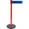 Red stanchion with blue belt, white background. Gray, round base.