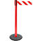 Red stanchion with a red and white striped belt, black head and round base, against a white background.