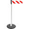 A white post with black head and red and white striped barrier tape. The post is on a black, round base.