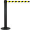 Black post with retractable red and yellow striped tape as barrier.