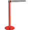 A red stanchion with a black and white stripe band. The band is attached to another stanchion.