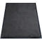Un tapis rectangulaire gris foncé avec une bordure bleu foncé. La surface a une texture duveteuse.