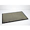 Paillasson gris rectangulaire avec bordure en caoutchouc noir sur fond blanc.