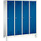 Un casillero blanco y azul con cuatro compartimentos. Cada compartimento tiene ranuras de ventilación y un asa.