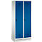 Taquilla de dos puertas en blanco y azul, con ranuras de ventilación. Tiene dos puertas, un asa y una cerradura.