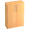 A rectangular cabinet made of light wood with two doors, fitted with curved metal handles.
