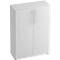 White cabinet with two doors and silver handles. It stands against a neutral background.
