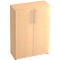 Light brown cabinet with two doors and silver handles. Minimalist design.
