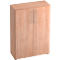 Light wood cabinet with two doors and curved handles.