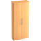 Light brown cabinet with two doors and silver handles.