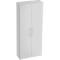 White cabinet with two doors and silver handles. The doors are closed.