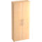 A tall wooden cabinet with two doors and silver handles. The cabinet is in light brown wood tones and stands on a black base.