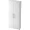 A white cabinet with two doors, two silver handles, and a rectangular shape. The cabinet is on a light background.
