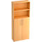 A light brown office cabinet with two open shelves and doors. The cabinet has silver handles.