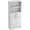 White cabinet with two doors and shelves. The piece of furniture stands in front of a neutral background.