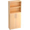 Beige office cabinet with open shelves and doors. Silver handles.