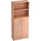 A wooden cabinet with two open shelves and two doors.