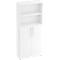 White office cabinet with open shelves and two doors.