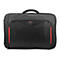 Sacoche pour ordinateur portable noir avec des accents rouges. Poignée supérieure, poche avant zippée, logo 'Targus'.