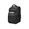 Schwarzer Rucksack mit grauem Akzent und gelben Details. Der Rucksack hat einen Tragegriff und das Logo von Targus.