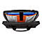 Schwarze Laptoptasche mit blauem Laptop darin. Innenfutter grau und orange.