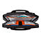 Schwarze Laptoptasche, geÃ¶ffnet, mit Tablet und orangefarbenen sowie blauen Details.