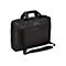 Schwarze Laptoptasche mit Schultergurt und Tragegriff. Logo "Targus" auf der Fronttasche. Reißverschlüsse und silberfarbene Details.