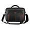 Schwarze Laptop-Tasche von Targus, mit orangefarbenen Akzenten. Oben ein Griff und ein Schultergurt.