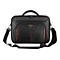 Schwarze Laptoptasche mit orangefarbenen Akzenten. Oben Griff und Schulterriemen. Auf der Front ist der Markenname Targus zu sehen.
