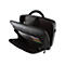 Schwarze Laptoptasche, offen. Innenfächer, farbige Streifen.