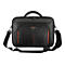 Schwarze Laptoptasche mit Tragegriff und Schultergurt. Auf der Fronttasche steht "Targus". Orangefarbene Akzente.
