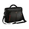 Schwarze Laptoptasche mit Tragegriff, Schultergurt und roter Ziernaht.