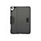Dunkelgraue iPad-Hülle mit einem schwarzen Gummiband und einem strukturierten Griffbereich.