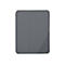 Graue Tablet-Hülle mit geschlossenem Deckel, diagonal abgeteilte rechte untere Ecke.