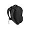 Schwarzer Rucksack, RÃ¼ckenansicht. Gepolsterte TrÃ¤ger, seitliche Tasche, Tragegriff.