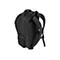 Schwarzer Rucksack, seitlich gesehen, mit gepolsterten TrÃ¤gern und mehreren FÃ¤chern. Das Design ist modern und funktional.