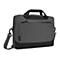 Dunkelgraue Laptoptasche mit Tragegriff und Schultergurt, schwarze Akzente. Aufschrift: "Targus", "eco/smart".