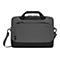 Dunkelgraue Laptoptasche mit Tragegriff und Schulterriemen, schwarze Details. Auf der Tasche steht "Targus".