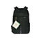 Schwarzer Targus EcoSpruce Laptop-Rucksack mit grünem Zierrat. Ein Etikett mit Produktinformationen hängt am Rucksack.