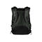 Dunkelgrüner Rucksack, Rückansicht. Gepolsterte Träger und Rücken, schwarze Details, Reißverschlüsse.