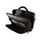 Sac d'ordinateur portable noir, ouvert, avec plusieurs compartiments et une poignée. Cartes et stylos sont visibles à l'intérieur.
