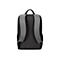Ein schwarzer Rucksack, Rückansicht. Graue Träger, Griff oben, Netztaschen an den Seiten.