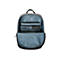 Grauer Rucksack, offen, Innenleben sichtbar: Laptopfach, Stifte, Geldbeutel. Blaues Futter. Schwarzer Griff.