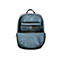 Grauer Rucksack, Innenseite offen. Blaue Innentaschen mit Stiften, Portemonnaie. Obere Tasche mit Laptop, Flaschen-Piktogramm.