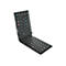 Schwarze, zusammenklappbare Bluetooth-Tastatur, Targus-Logo. Tastenbeschriftungen in Türkis und Weiß.