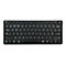Schwarze, kompakte Tastatur mit weißen Buchstaben und Symbolen. Oben: F-Tasten, darunter Buchstaben, Zahlen, Sonderzeichen, Funktionstasten.