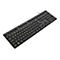 Schwarze Targus-Tastatur mit weißen Buchstaben und Ziffern auf weißen Hintergrund. Die Tastatur ist leicht schräg und von oben fotografiert.