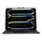 Schwarzes Tablet mit Stift und Tastatur, das Display zeigt abstrakte, farbige Linien.