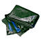 Green tarp with eyelets, partially overlapping, blue inside visible. Text "RAIN EXPO".